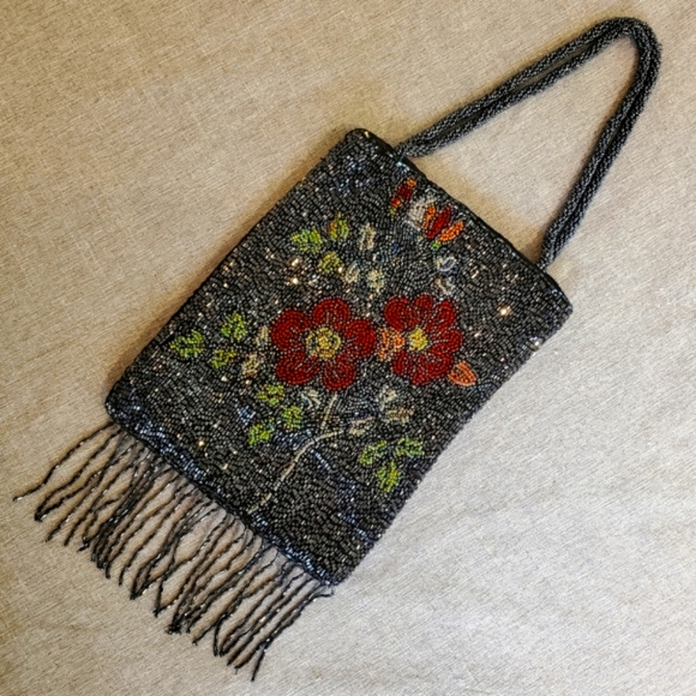 Beaded Purse Bag Floral Navy Blue Flowers Fringe